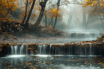 Enchanting Autumn Scene with Misty Waterfall and Golden Foliage in Tranquil Forest