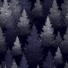 Seamless pattern of snowy spruce trees. hand drawing. Not AI. Vector illustration