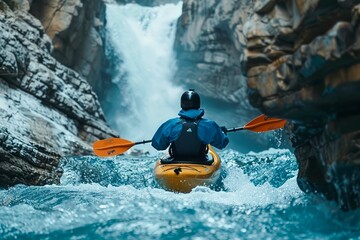 Adventurous Kayaker in Action on Raging River, Speedy Water Sports Adventure in Rugged Canyon