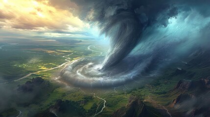 colossal tornado swirling amidst a vast landscape, conveying the raw energy and force of natural elements