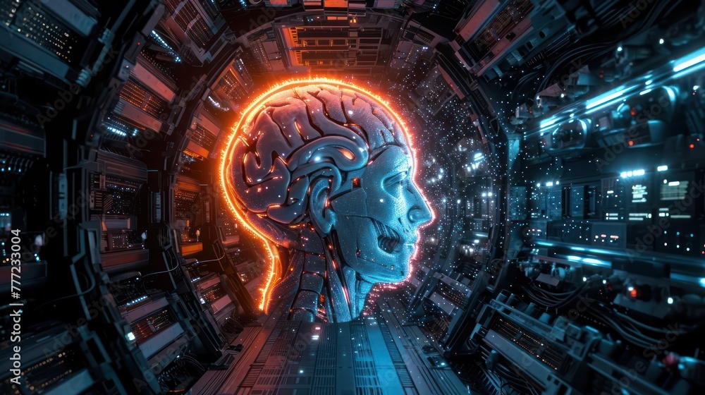 Poster conceptual image of cybersecurity, combining elements of artificial intelligence, firewalls, and dig