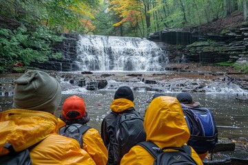 Group of Hikers in Colorful Raincoats Contemplating Scenic Waterfall in Lush Autumn Forest