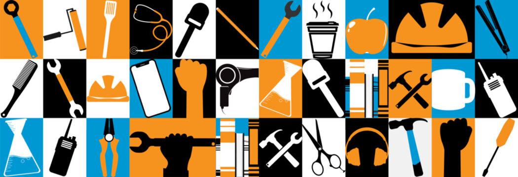 Many different symbols of profession, labor day.
