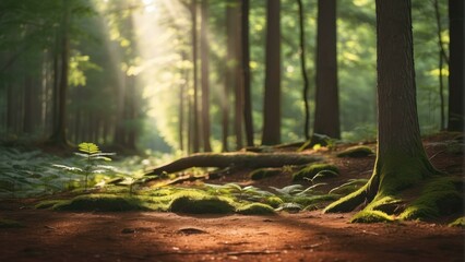 Misty forest with sunbeams and green moss