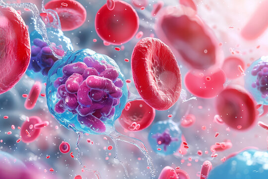 Abstract 3D illustration of blood cells. Background for banner of laboratories, medicine, and science.