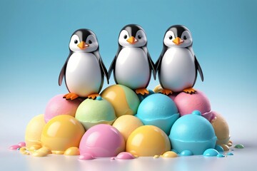 Lustige 3D-Charakter Pinguine sitzen auf bunter Eiscreme.