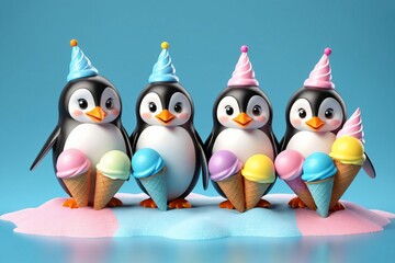 Lustige 3D-Charakter Pinguine sitzen auf bunter Eiscreme.