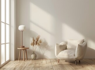 Modern interior design of a living room with an armchair and lamp on a wooden floor near a white wall, a mock up for your presentation or artwork