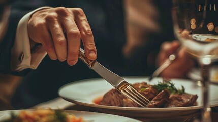 Hands elegantly hold silver fork and knife, poised for a gourmet feast.