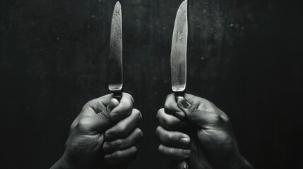 Hands cradle exquisite fork and knife, inviting you to savor every bite. - obrazy, fototapety, plakaty