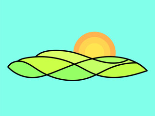 Landscape with green hills and sun in line art style. Modern sunrise design with green meadows. Dawn over green fields. Design for posters, prints and banners. Vector illustration
