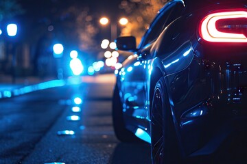 Long exposure photo of blue car lights at night. - obrazy, fototapety, plakaty