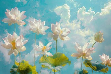 Fototapeta na wymiar Graceful lotus motifs float against a tranquil sky blue backdrop, creating a serene yet captivating display of abstract culinary art.