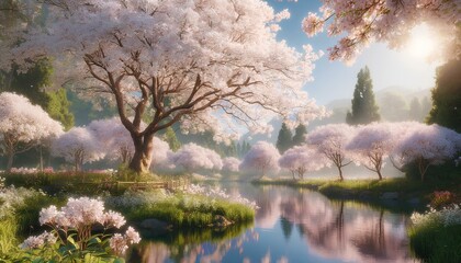 화창한 봄날의 맑은 호수와 아름다운 벚꽃
