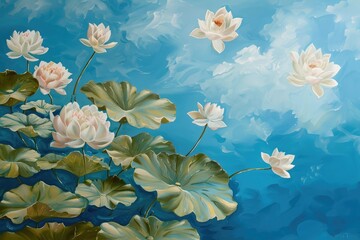 Fototapeta na wymiar Graceful lotus motifs float against a tranquil sky blue backdrop, creating a serene yet captivating display of abstract culinary art.