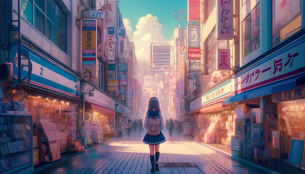 도쿄의 거리를 걸어가는 학생의 뒷모습 만화 일본풍 만화 애니메이션
