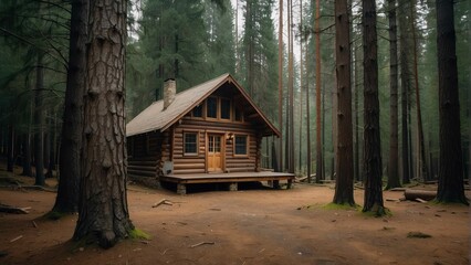 Secluded log cabin in a dense forest