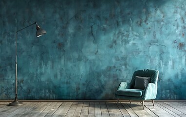 Modern interior design of a room with a blue wall and an armchair on a wooden floor, 