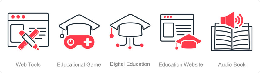 A set of 5 Online Education icons as web tools, educational game, digital education
