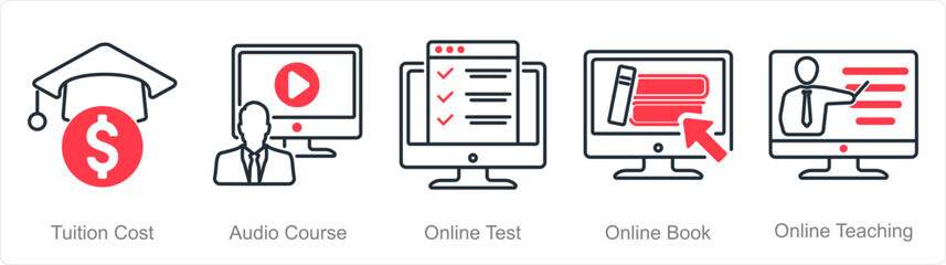 A set of 5 Online Education icons as tuition cost, audio course, online test