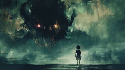 Scary halloween scene with child in haunted forest. The concept of childhood fears and nightmares. Halloween concept 