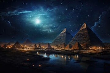 Nighttime shot with the pyramids illuminated. - obrazy, fototapety, plakaty