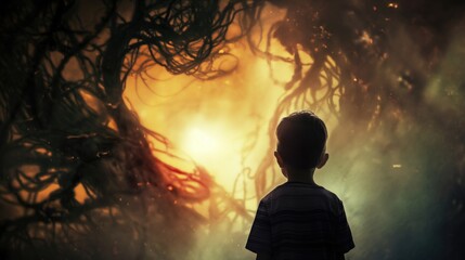 Little boy standing in the dark forest and looking at the big scary tree. The concept of childhood fears and nightmares. Halloween concept  - obrazy, fototapety, plakaty