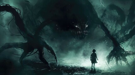 Fototapeta premium Scary halloween scene with child in haunted forest. The concept of childhood fears and nightmares. Halloween concept 
