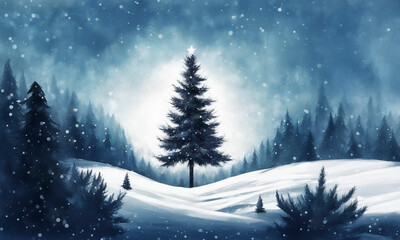Snow-covered Christmas tree in a winter night forest, copy space.
