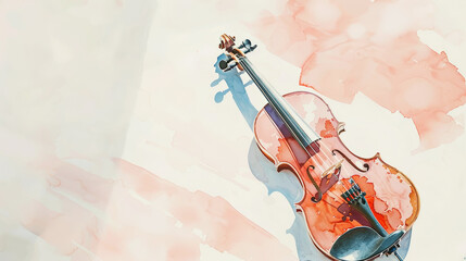 Aesthetic watercolor delicate drawing of violin on light clean background. Musical concept. Copy space. Generative AI