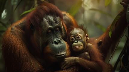 Orangutan mother and baby, soft forest light, closeup, gentle care , low texture