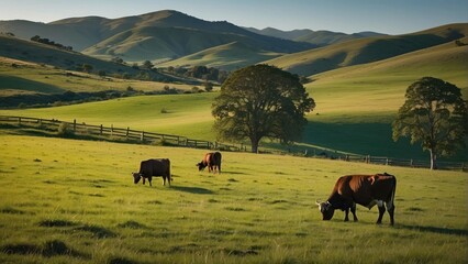 Cattle grazing in a scenic hilly pasture