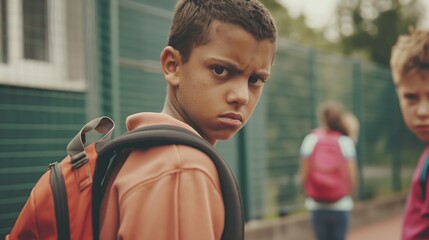 Portrait of angry schoolboy with a backpack in the schoolyard. School bullying concept - obrazy, fototapety, plakaty