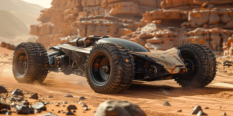 A futuristic off-road vehicle is traversing Mars