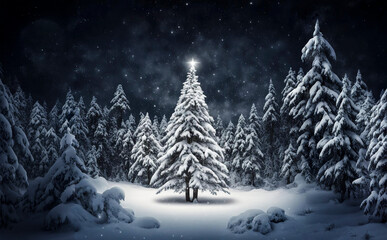 Snow covered Christmas tree in winter night forest
