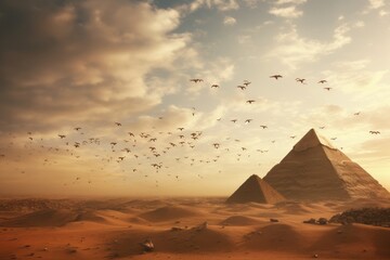 Birds flying over the pyramids.