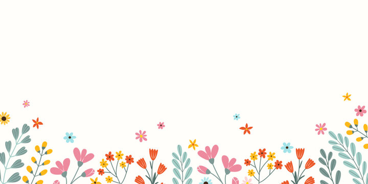 Spring or summer rectangular floral template with empty place for text in flat vector style. Drawing tender different flowers and green leaves.