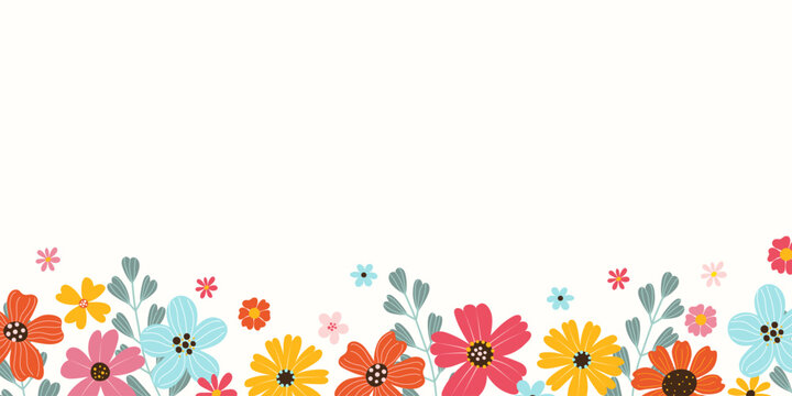 Rectangular botanical banner decorated with colorful blooming big flowers and leaves. Spring or summer floral flat vector illustration on white background