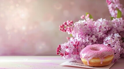 Obraz na płótnie Canvas Delicate morning light highlights a Mothers Day breakfast surprise with a pink donut a handwritten card and a bouquet of lilacs against a gradient background