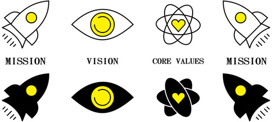 Mission, Vision and Core Values Banner Template with Line Art icons. Vector Illustration.