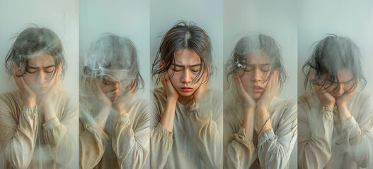 victim of violence young asian girl teenager with bipolar mental disorders and a split personality - obrazy, fototapety, plakaty