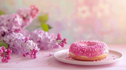 Delicate morning light highlights a Mothers Day breakfast surprise with a pink donut a handwritten card and a bouquet of lilacs against a gradient background - obrazy, fototapety, plakaty