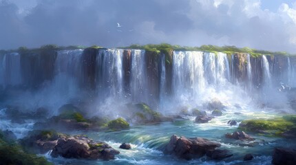 Obraz premium majestic waterfall cascading down a rocky cliff, surrounded by lush greenery and misty atmosphere