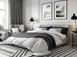 Black and white poster above bed in modern bedroom with black table lamp, grey armchair on striped rug near window