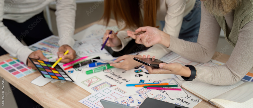 Aufkleber brainstorm team of creative web graphic designer planning, group of mobile phone app developer team 