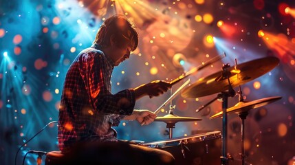 Frame the intensity of a drummer's beat, sweat glistening under the stage lights, as the rhythm reverberates through the air, captivating the audience's senses.