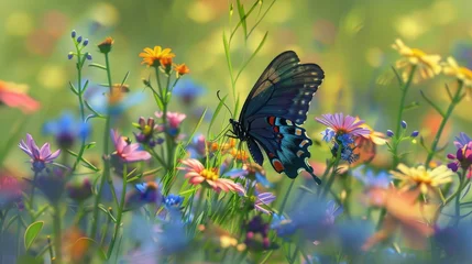 Fotobehang Focus on the silent grace of a butterfly as it alights on a bed of wildflowers, its wings a riot of color against the verdant backdrop of the meadow. © Ambreen