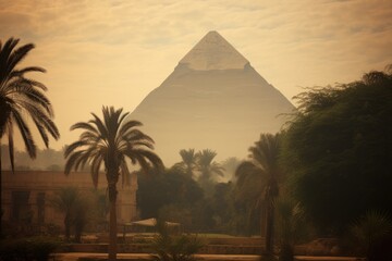 The Pyramid of Khafre framed by palm trees. - obrazy, fototapety, plakaty