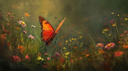 Focus on the silent grace of a butterfly as it alights on a bed of wildflowers, its wings a riot of color against the verdant backdrop of the meadow. - obrazy, fototapety, plakaty