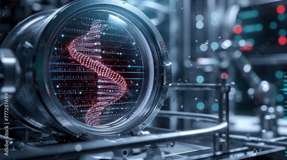 Poster medical genetics concept with a digital vault protected by intricate encryption layers, emphasizing 